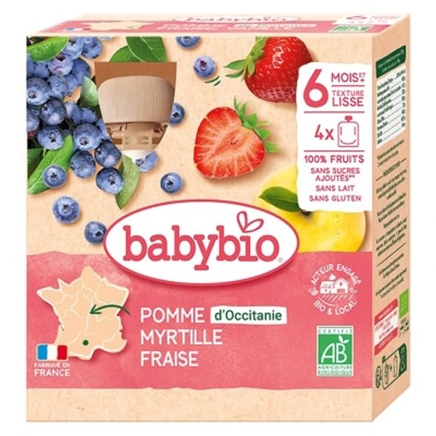 Babybio Apple, Blueberry, and Strawberry, 6 Months and Up, Organic, 4 Pouches of 90 g