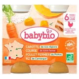 Babybio: zanahoria y calabaza moscada de Provenza, pollo de corral de Poitou y arroz de la Camarga — A partir de los 6 meses — Ecológico — 2 tarros de 200 g cada uno