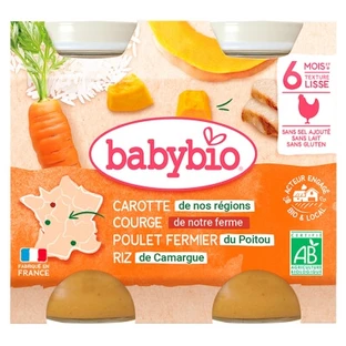 Babybio: Möhren und Butternusskürbis aus der Provence, Freilandhähnchen aus dem Poitou und Reis aus der Camargue – ab 6 Monaten – Bio – 2 Gläser à 200 g