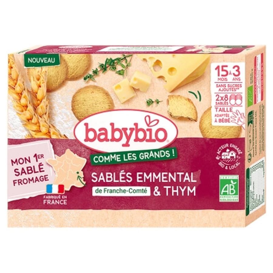 Galletas de mantequilla Babybio con Emmental y tomillo, para niños de 15 meses a 3 años, ecológicas, 16 galletas