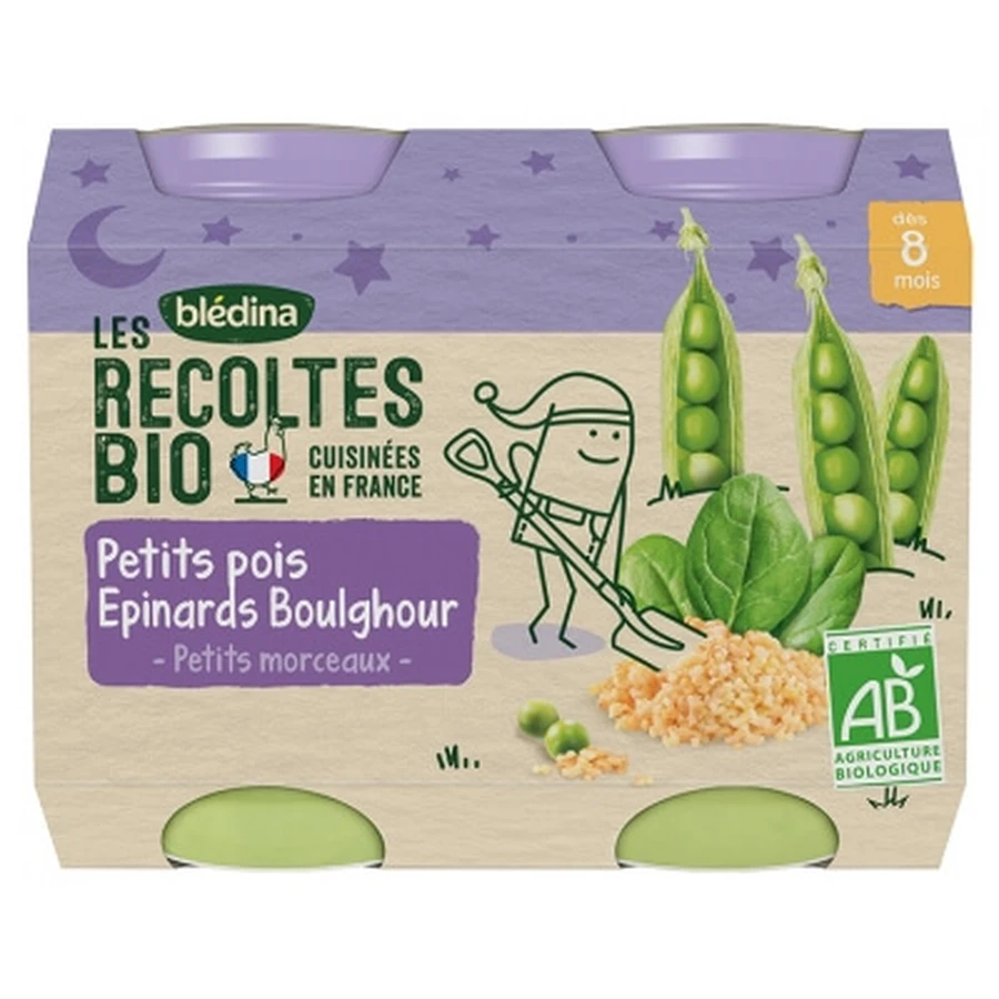 Blédina Les Récoltes Bio: Erbsen, Spinat und Bulgur – Bio – Für Babys ab 8 Monaten – 2 Gläschen