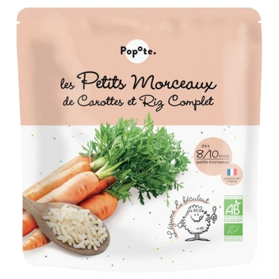 Popote Les Petits Morceaux Wortelen en bruine rijst, biologisch, voor baby’s vanaf 8–10 maanden, 190 g