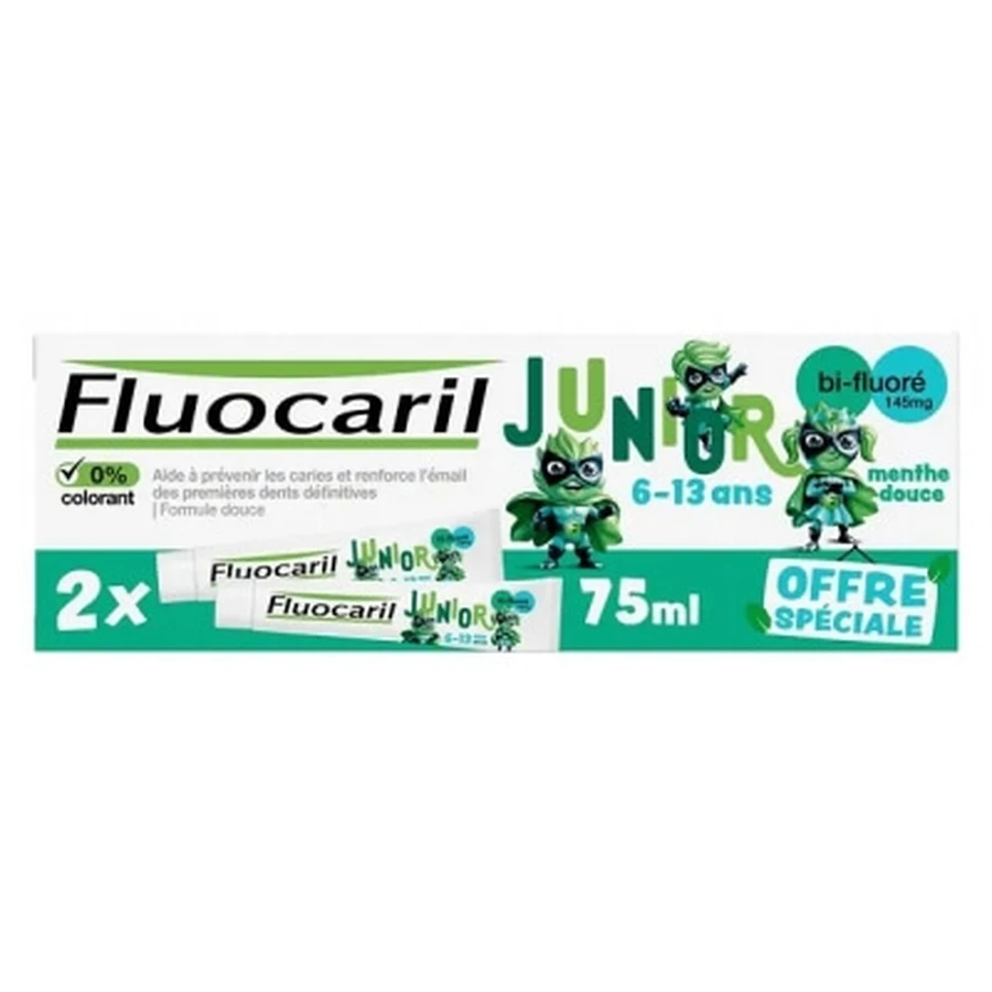 Fluocaril Junior Zahnpasta für Kinder von 6 bis 13 Jahren, milde Minze, 2er-Pack (je 75 ml)