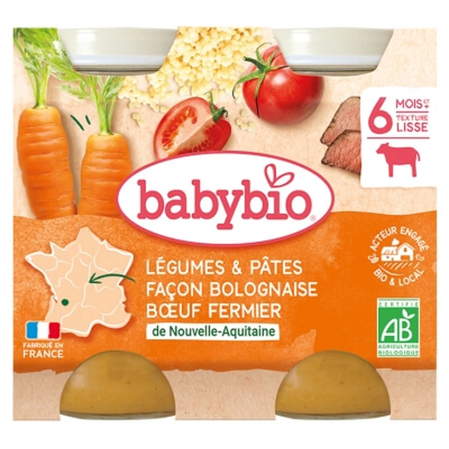 Babybio Groenten & Pasta met bolognesesaus van rundvlees van boerderijvee, vanaf 6 maanden, 2 biologische potjes, elk 200 g