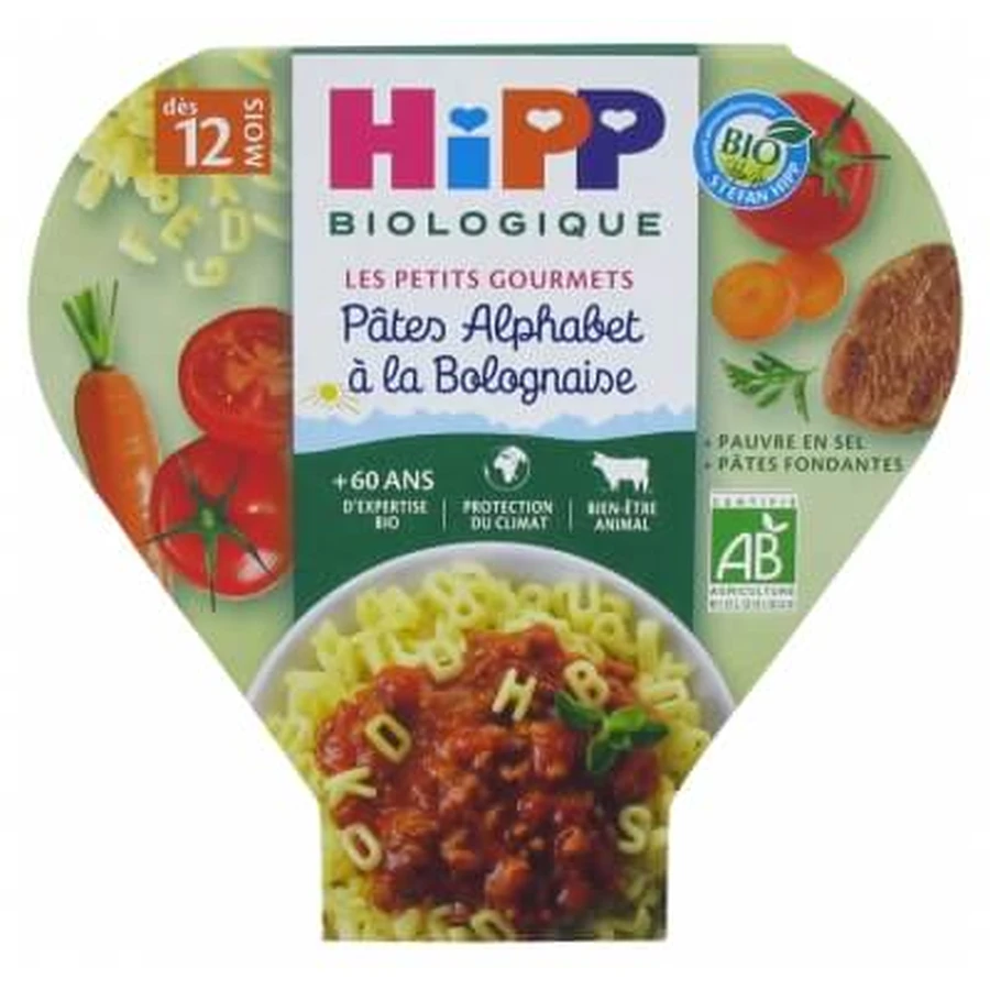 HiPP Les Petits Gourmets: pasta ecológica con forma de letras y salsa boloñesa, para bebés a partir de 12 meses, 230 g