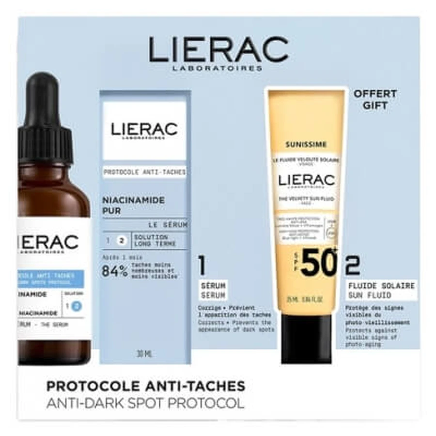 Sérum anti-manchas Lierac Protocole Pure Niacinamide, 30 ml + Fluido solar facial Sunissime Velvety, SPF 50+, 25 ml (regalo)