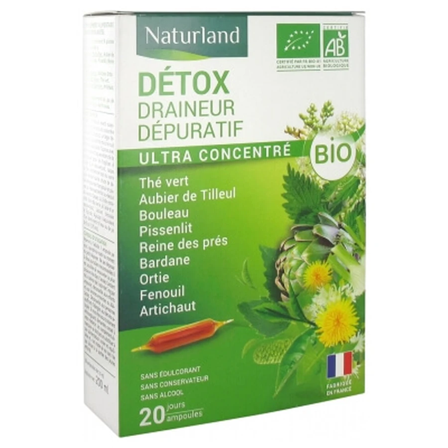 Naturland Détox Draineur Dépuratif Bio 20 Ampoules Buvables de 10 ml