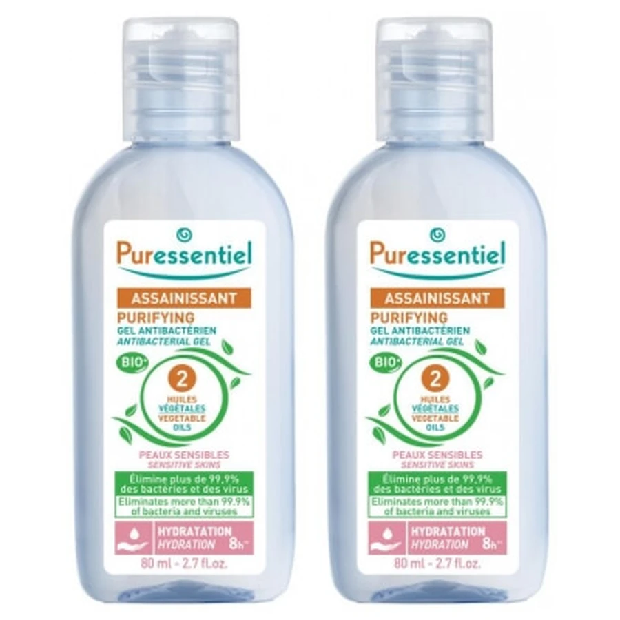 Gel desinfectante antibacteriano Puressentiel con 2 aceites vegetales, paquete de 2 (80 ml cada uno)