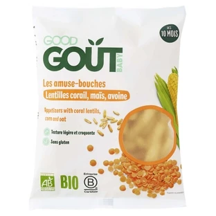 Aperitivos Good Goût: lentejas coralinas, maíz y avena — Para bebés a partir de los 10 meses — Ecológicos — 35 g