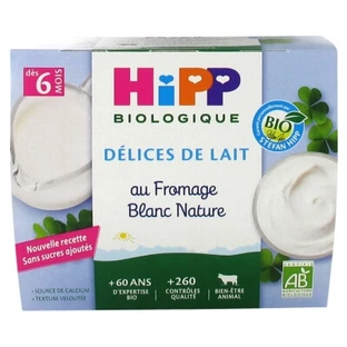 HiPP Milchgenüsse mit naturbelassenem, gesüßtem Hüttenkäse, ab dem 6. Lebensmonat, Bio, 4 Gläschen