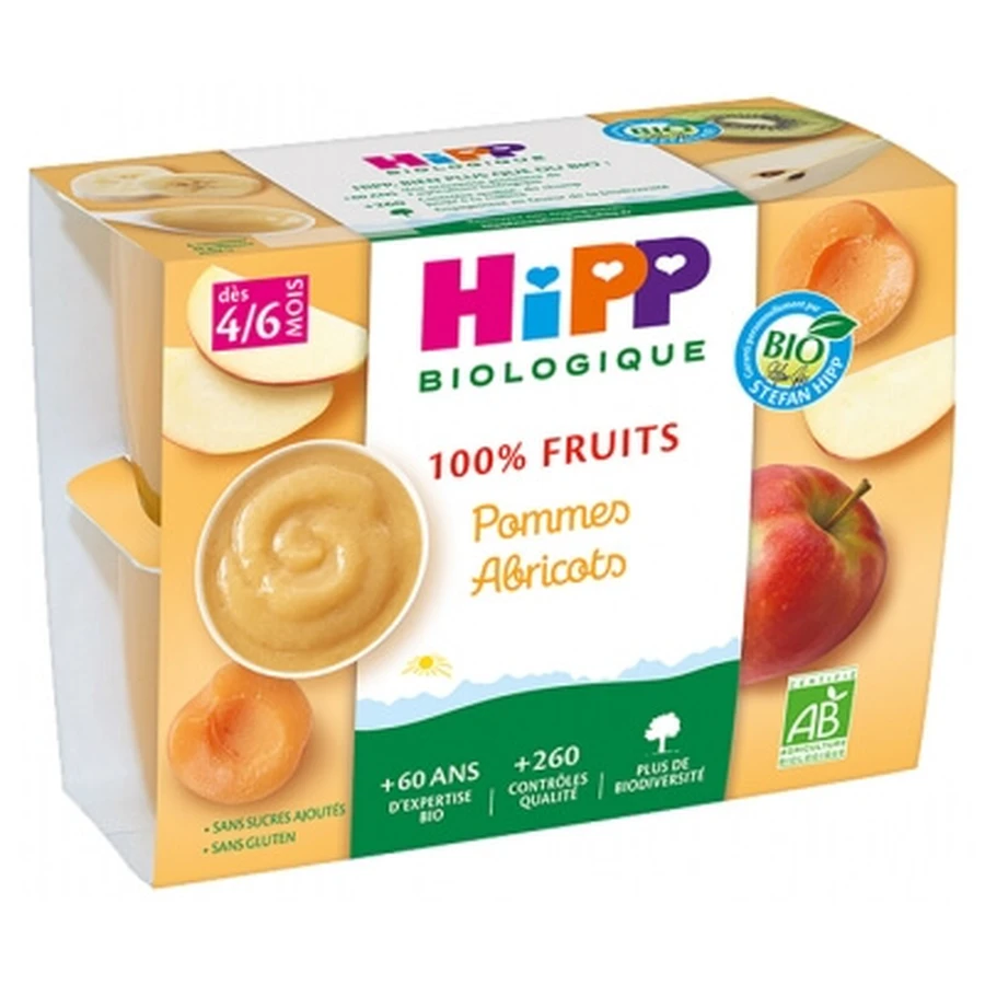 HiPP 100% Fruits Pommes Abricots dès 4/6 Mois Bio 4 Pots