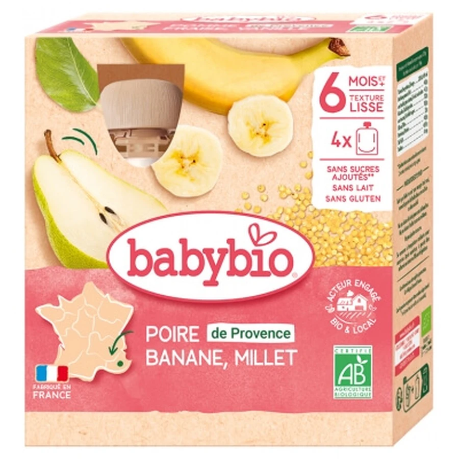 Babybio Birne, Banane und Hirse, ab 6 Monaten, Bio, 4 Beutel à 90 g