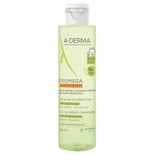 A-DERMA Exomega Control, gel limpiador emoliente 2 en 1 contra el picor, 200 ml