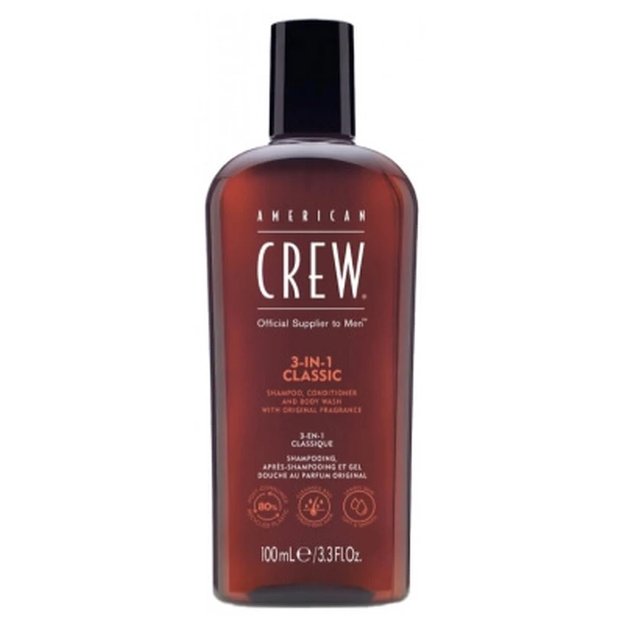 American Crew 3 en 1, formato de viaje: champú, acondicionador y gel de ducha para el cabello y el cuerpo (100 ml), revitalizante, hidratante y calmante