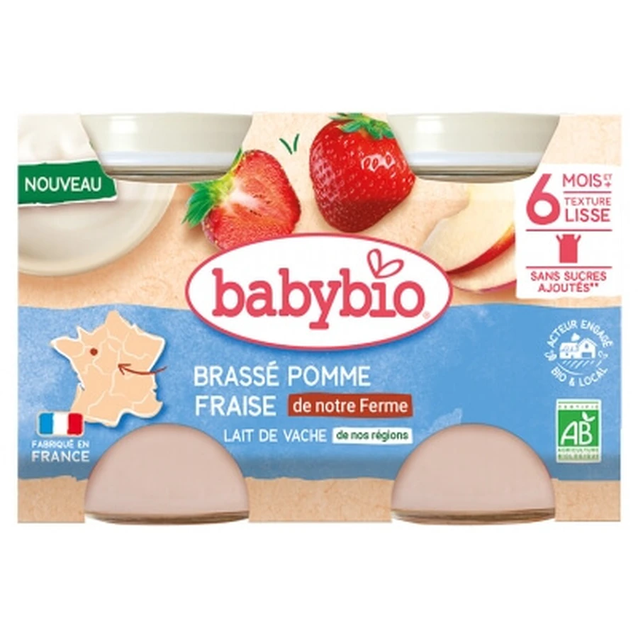 Babybio Apfel-Erdbeer-Babynahrung aus Kuhmilch, ab 6 Monaten, Bio, 2 Gläschen à 130 g