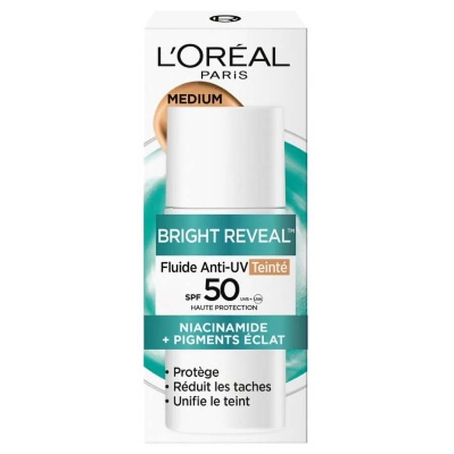 L'Oréal Paris Bright Reveal Getöntes Anti-UV-Fluid mit Niacinamid gegen Pigmentflecken LSF 50+ 50 ml