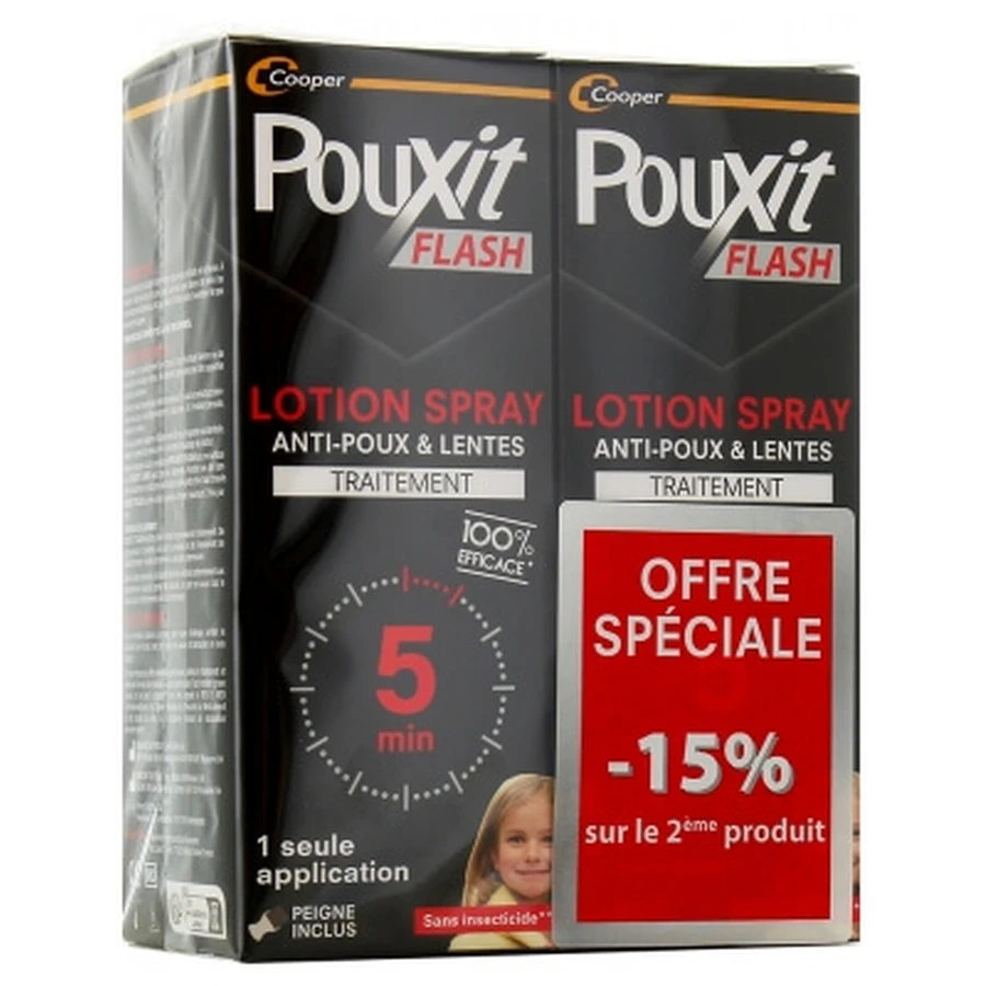 Spray antipiojos y lendrillas Pouxit Flash, paquete de 2 (150 ml cada uno). Oferta especial