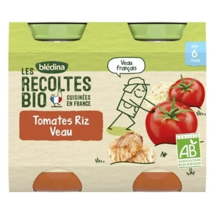 Blédina Les Récoltes: tomates y arroz ecológicos para bebés, a partir de los 6 meses, ecológicos, 2 tarros