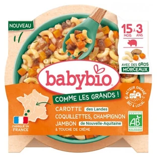 Babybio: wortelen, coquillettes, champignons en ham — Voor kinderen van 15 maanden tot 3 jaar — Biologisch, 200 g