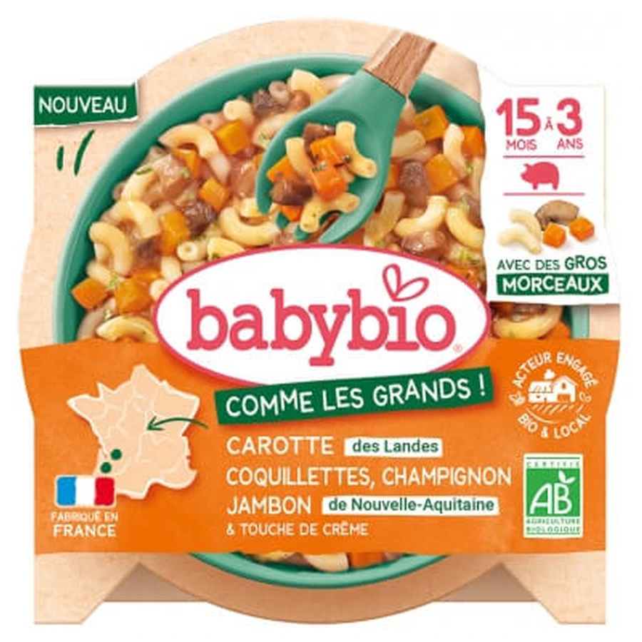 Babybio: wortelen, coquillettes, champignons en ham — Voor kinderen van 15 maanden tot 3 jaar — Biologisch, 200 g