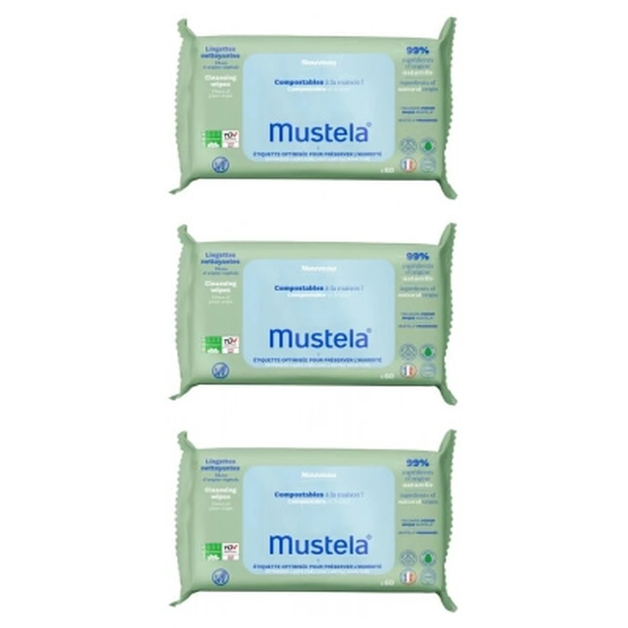 Mustela Kompostierbare, parfümierte Reinigungstücher, Packung mit 3 x 60 Tüchern