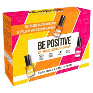 Cadeauset ‘Be Positive’: Biologische Eau de Parfum ‘Optimism, Love & Harmony’ met vitamines, 2 x 15 ml + 15 gratis