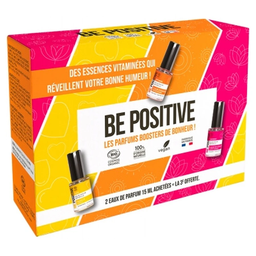 Cadeauset ‘Be Positive’: Biologische Eau de Parfum ‘Optimism, Love & Harmony’ met vitamines, 2 x 15 ml + 15 gratis