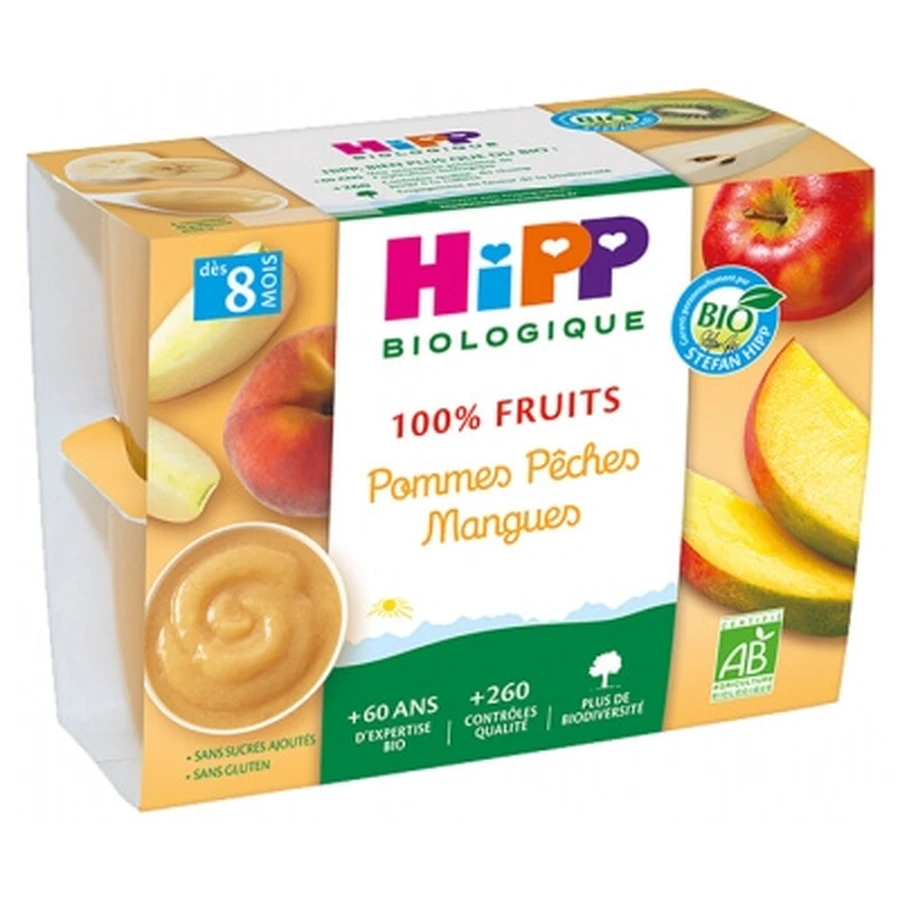 HiPP 100% fruit: appels, perziken, mango’s — voor baby’s vanaf 8 maanden — biologisch — 4 potjes