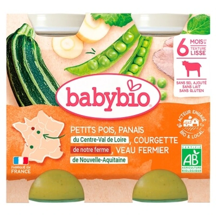 Babybio Petits Pois Panais Courgette Veau Fermier 6 Mois et + Bio 2 Pots de 200 g