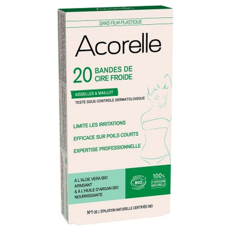 Acorelle Organic Cold Wax Strips for Underarms & Bikini Line, 20 Strips