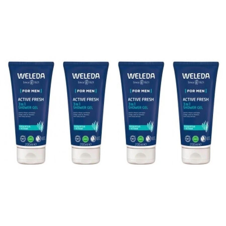 Gel de ducha 3 en 1 «Active Fresh» para hombre de Weleda, paquete de 4 (200 ml cada uno)