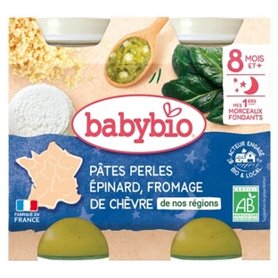 Babybio „Good Night“ – Spinat und Ziegenkäse mit Perlen-Nudeln, ab 8 Monaten, Bio, 2 Gläser à 200 g