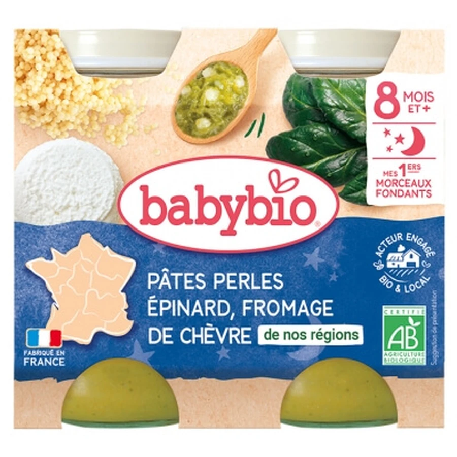 Babybio „Good Night“ – Spinat und Ziegenkäse mit Perlen-Nudeln, ab 8 Monaten, Bio, 2 Gläser à 200 g