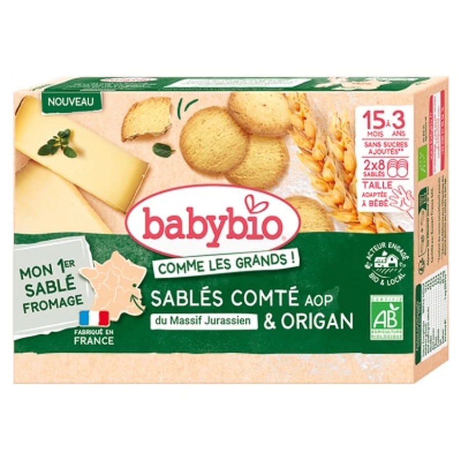 Babybio Comté & Oregano zandkoekjes, voor kinderen van 15 maanden tot 3 jaar, biologisch, 16 koekjes