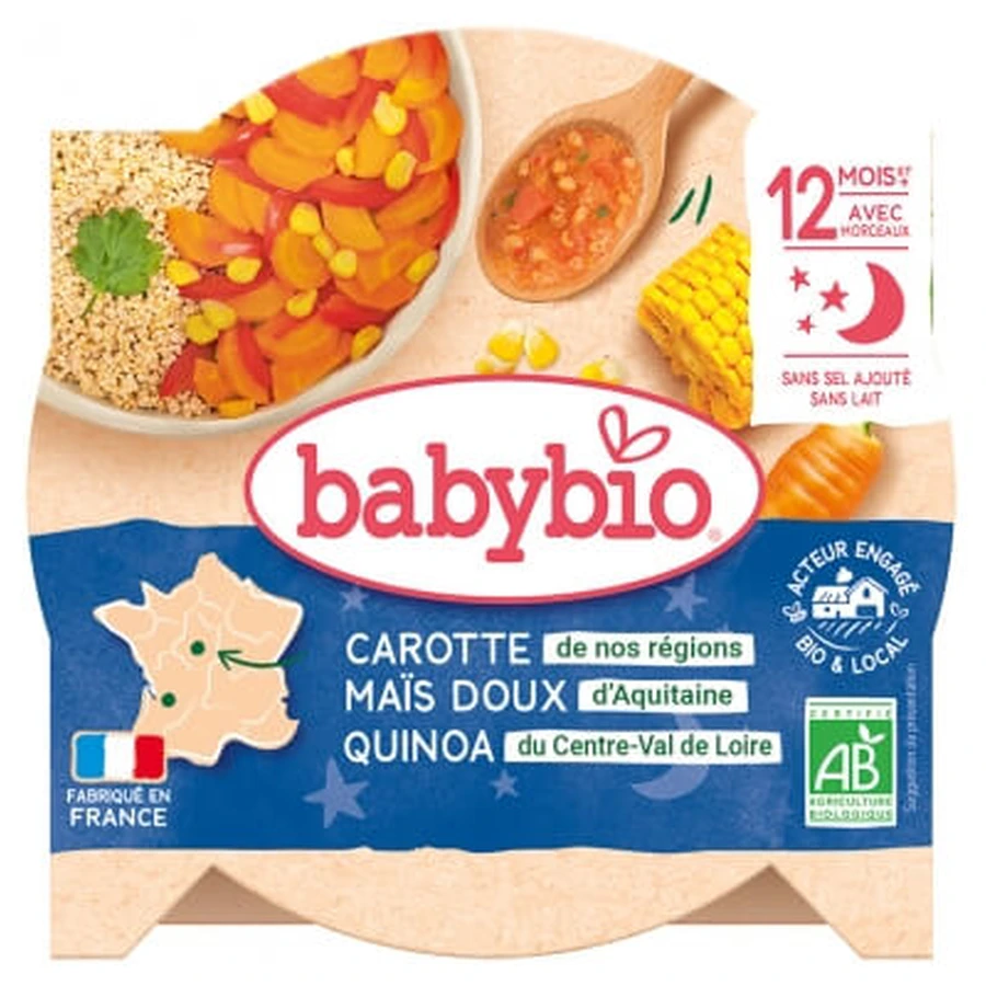 Babybio „Good Night“ – Püree aus Möhren, Zuckermais und Quinoa, ab 12 Monaten, Bio, 230 g
