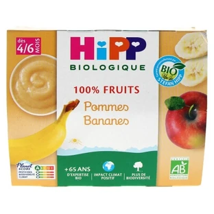 HiPP 100 % Obst: Äpfel und Bananen, ab 4–6 Monaten, Bio, 4 Gläschen