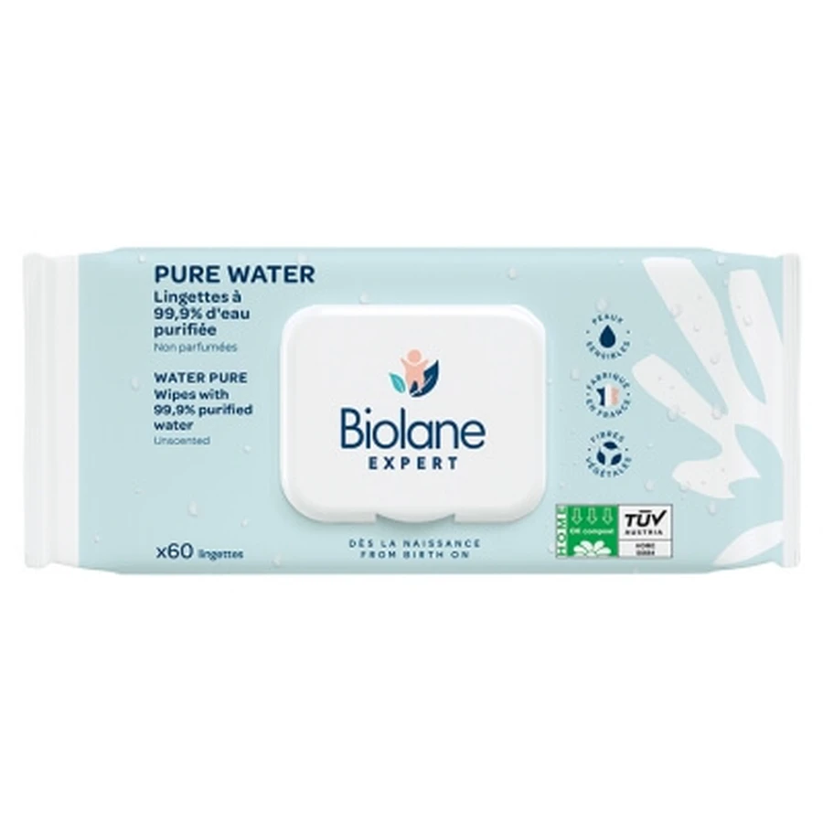 Biolane Pure Water Unscented Wipes, 60 Wipes
