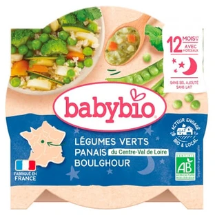 Babybio «Buenas noches»: verduras verdes salteadas, chirivías y bulgur — A partir de los 12 meses — Ecológico — 230 g