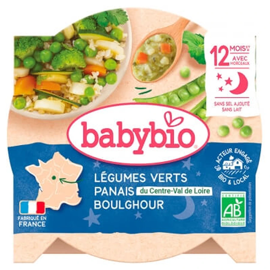 Babybio «Buenas noches»: verduras verdes salteadas, chirivías y bulgur — A partir de los 12 meses — Ecológico — 230 g