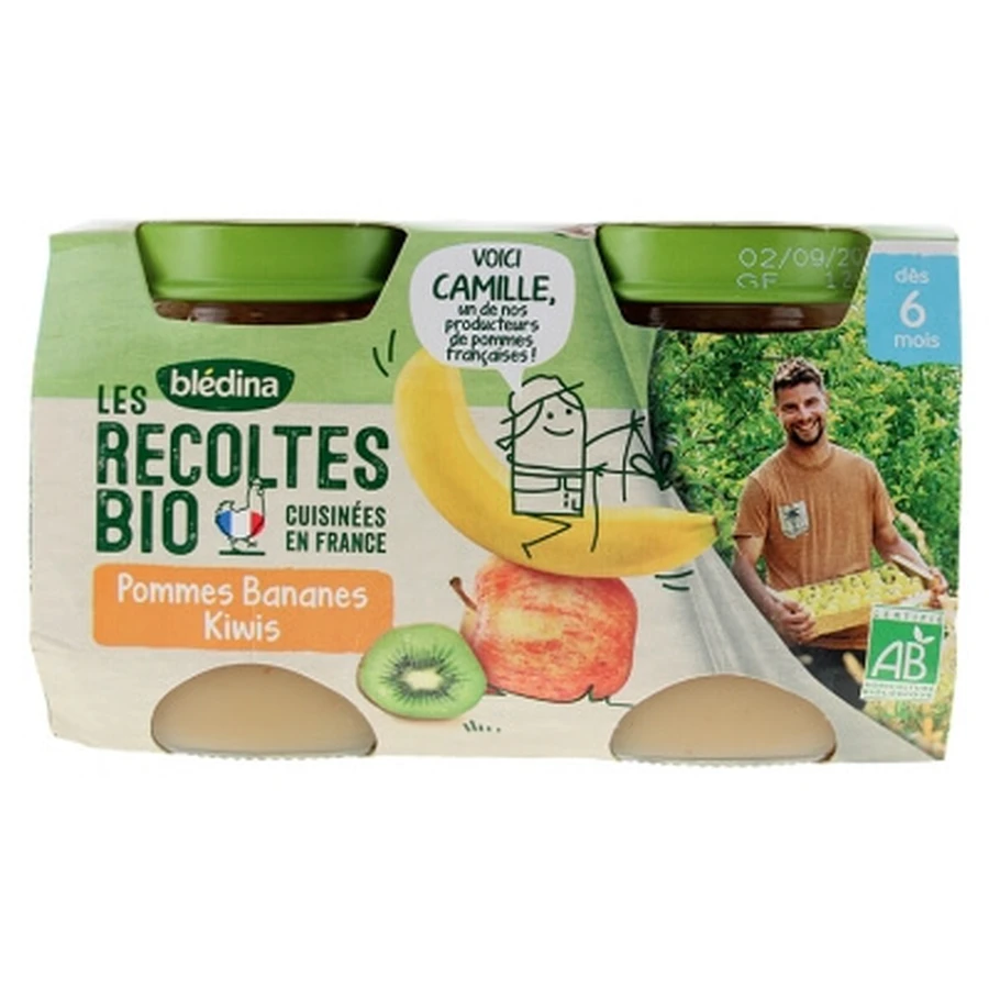 Blédina Bio-Früchte: Äpfel, Bananen und Kiwis – für Babys ab 6 Monaten – Bio – 2 Gläschen