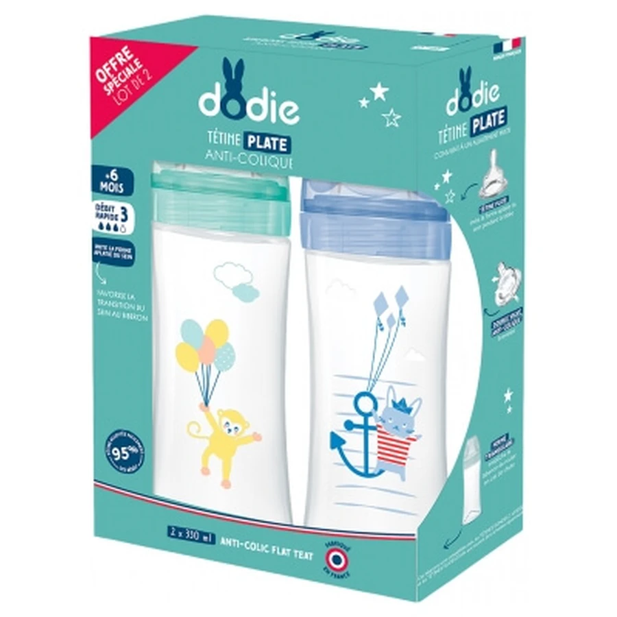 Dodie Sensation+ 330 ml, caudal 3, a partir de los 6 meses, juego de 2 biberones