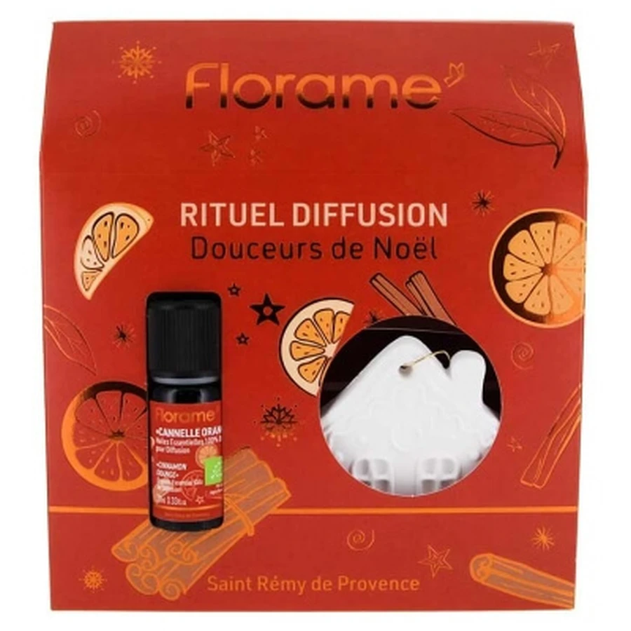 Set de regalo de Florame con aceite esencial ecológico de canela y naranja (10 ml) + objeto decorativo perfumado