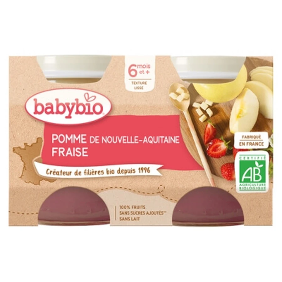 Babybio Manzana y fresa, a partir de los 6 meses, ecológico, 2 tarros de 130 g