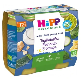 HiPP Mon Dîner Bonne Nuit Tagliatelles Épinards Fromage dès 12 Mois Bio 2 Pots