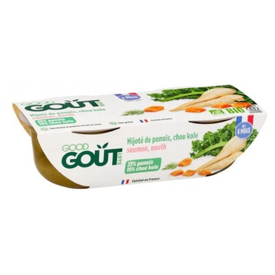 Comida para bebés de 6 meses Good Goût Organic: chirivías y col rizada cocidas a fuego lento con salmón, 2 tarros