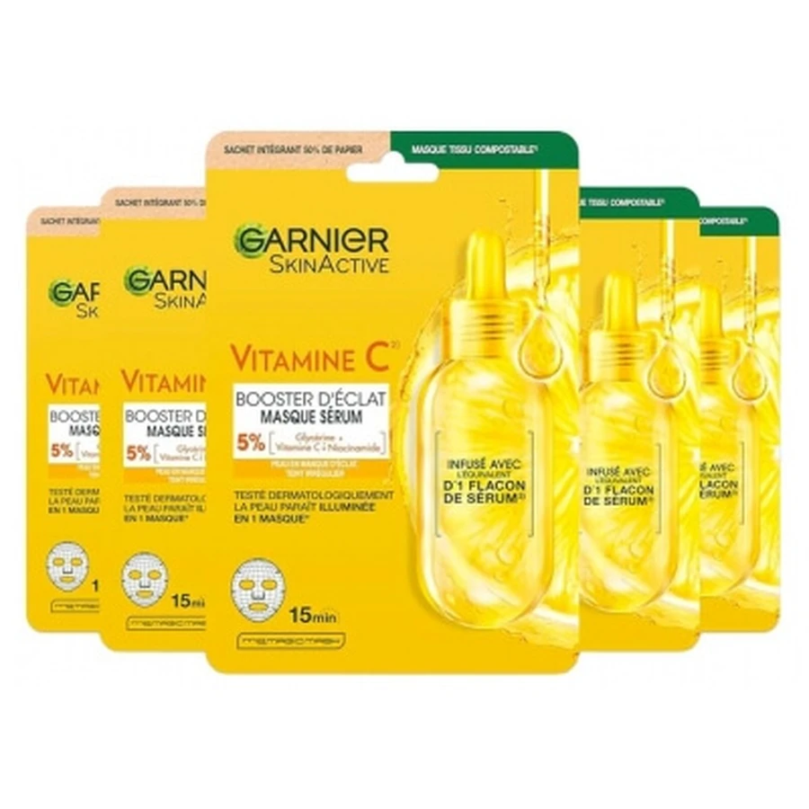 Garnier SkinActive Vitamine C-serummasker voor een stralende huid, verpakking van 5 stuks à 28 ml