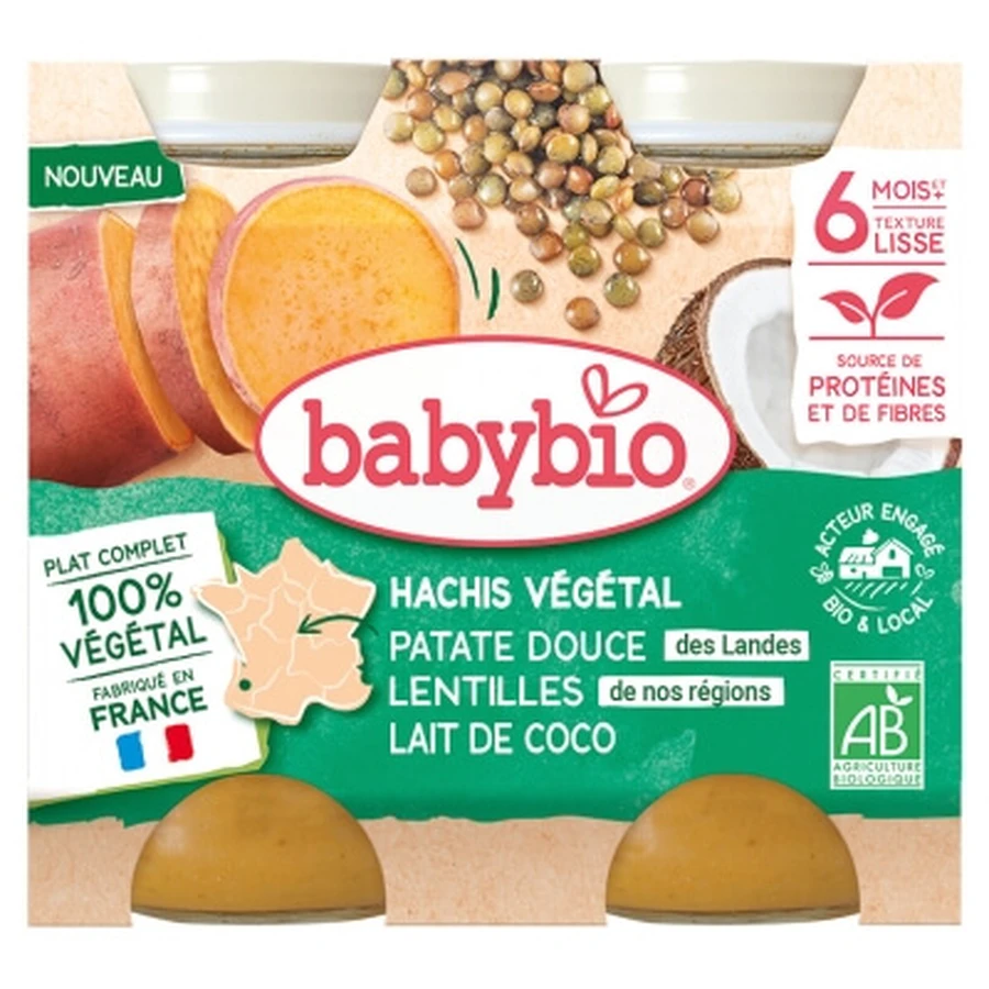 Puré de verduras Babybio con boniato, lentejas y leche de coco, a partir de los 6 meses, ecológico, 2 tarros de 200 g cada uno