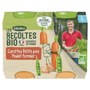 Blédina Cosechas Ecológicas: Zanahorias, guisantes y pollo de corral — Para bebés a partir de los 6 meses — Ecológico — 2 tarros