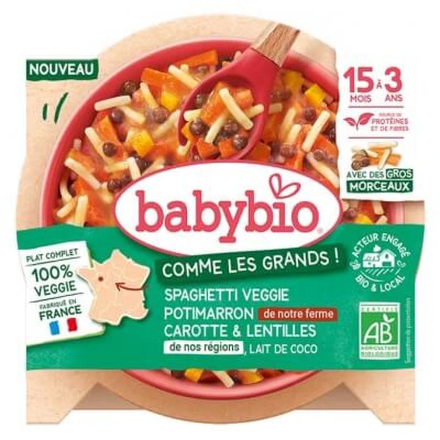 Babybio Spaghetti Veggie Potimarron Carotte & Lentilles Lait de Coco 15 Mois à 3 Ans Bio 200 g