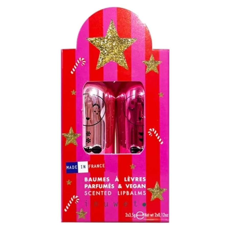 Inuwet Duo Deluxe metalen geurende lippenbalsem met sterretjes: Sorbet Framboos & Suikerappel 2 x 3,5 g
